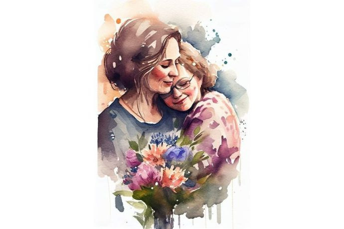 Tranh màu nước vẽ cảnh con trai ôm mẹ đầy tình cảm, món quà 20/10 ý nghĩa