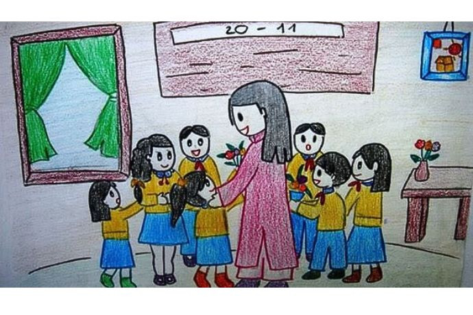 Tranh phong cảnh mái trường và học sinh mang hoa tặng thầy cô ngày 20/11