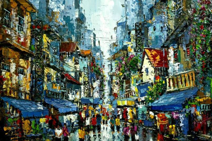 Tranh sơn dầu phong cảnh phố cổ Hà Nội, mô tả kiến trúc và không gian đô thị.