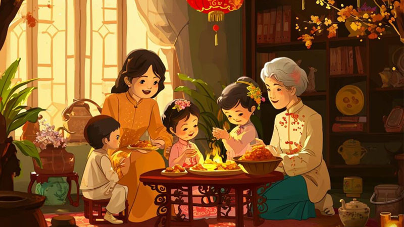 Tranh Tết vẽ cảnh gia đình quây quần