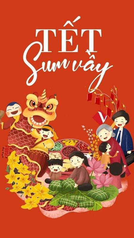 Tranh Tết vẽ cảnh gia đình sum họp đón Xuân