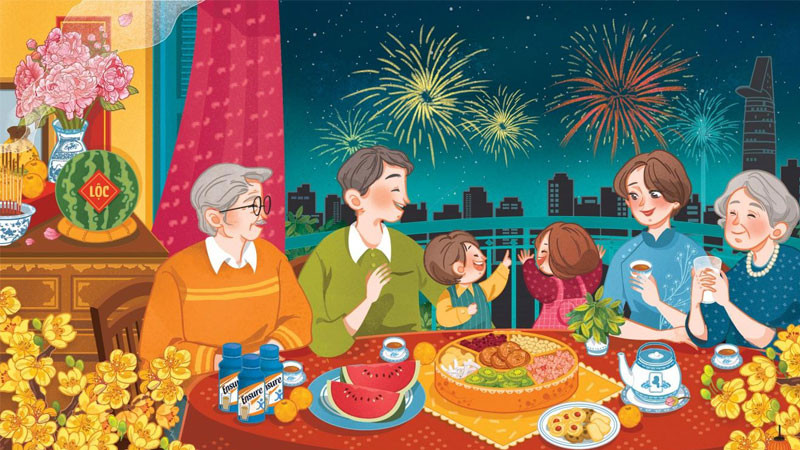 Tranh Tết vẽ cảnh gia đình sum họp