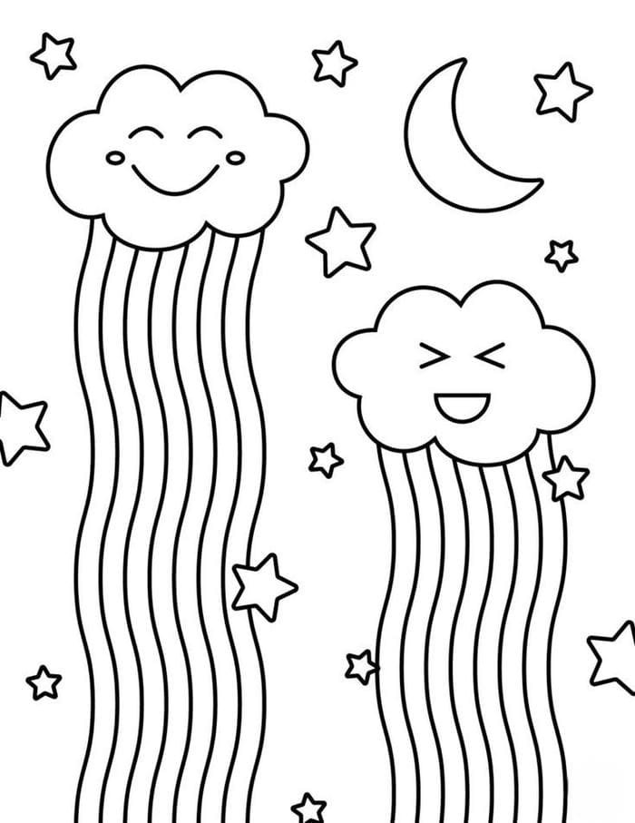 Tranh tô màu bảy sắc cầu vồng và đám mây đáng yêu