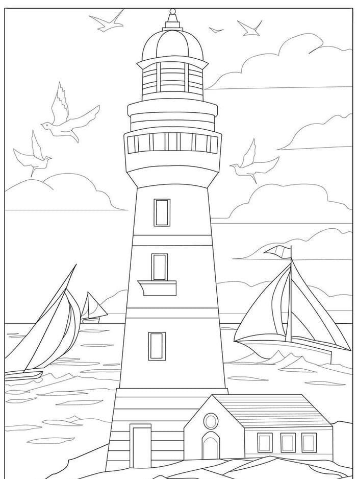 Tranh tô màu cảnh biển với sóng, cây dừa và thuyền