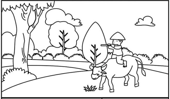 Tranh tô màu cảnh đồng quê thanh bình với nhà, cây và con đường