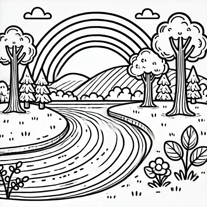 Tranh tô màu cảnh vật đơn giản với cây cối và nhà cửa