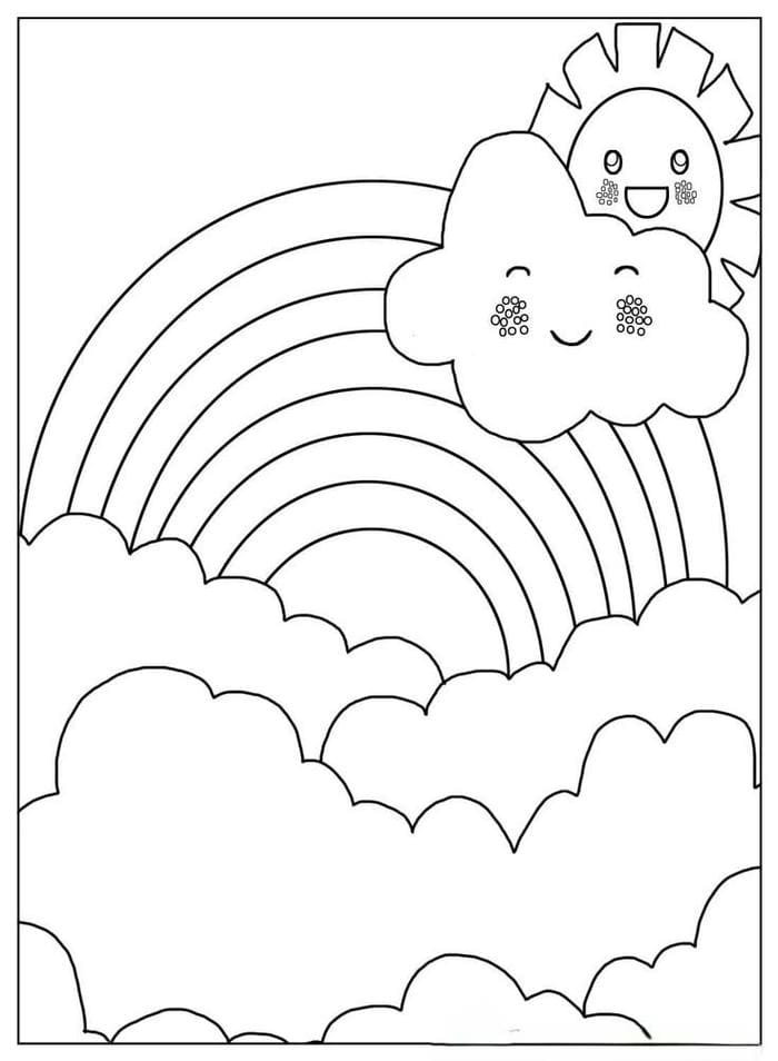 Tranh tô màu cầu vồng cùng mặt trời và đám mây ngộ nghĩnh