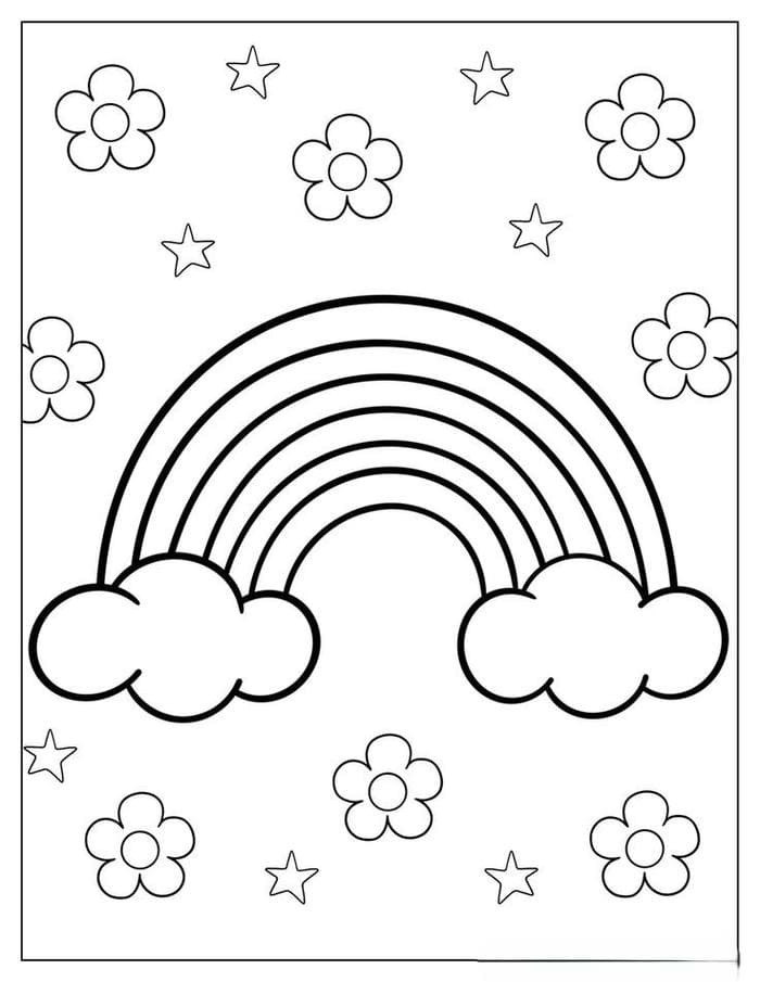 Tranh tô màu cầu vồng đơn giản với mây