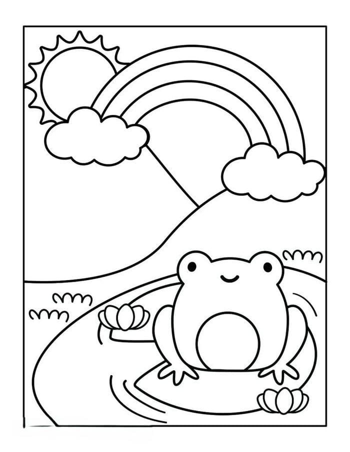 Tranh tô màu cầu vồng và ếch con ngồi trên đám mây