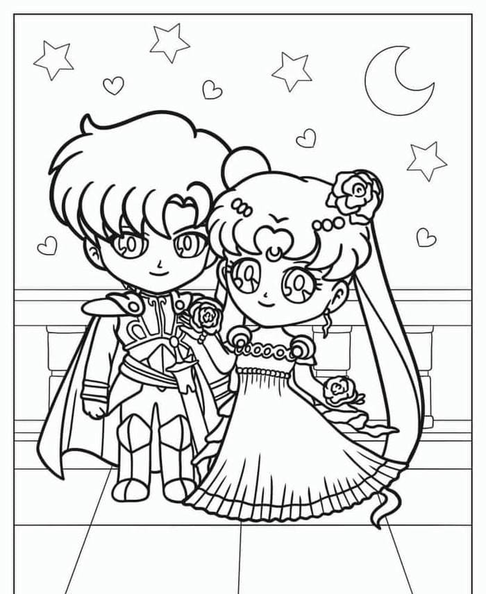 tranh tô màu chibi thủy thủ mặt trăng Usagi và Mamoru siêu đáng yêu