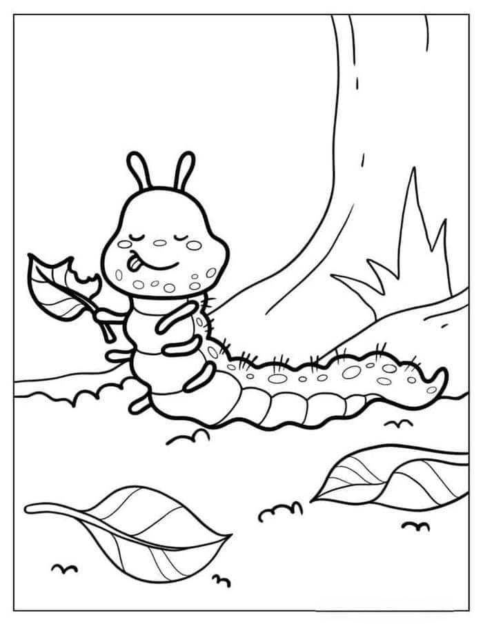 Tranh tô màu con sâu đang ăn lá cây