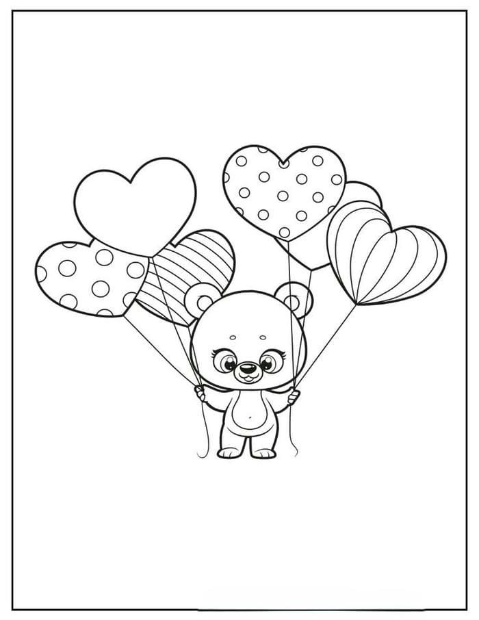 Tranh tô màu gấu bông dễ thương cầm bóng bay trái tim