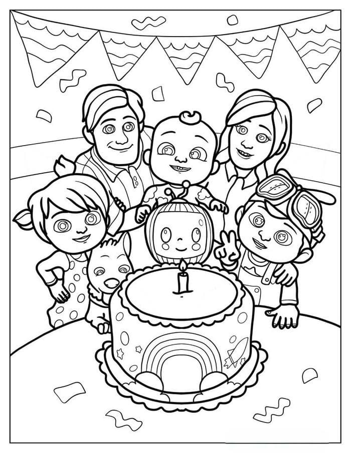 Tranh tô màu gia đình cùng bánh sinh nhật đáng yêu