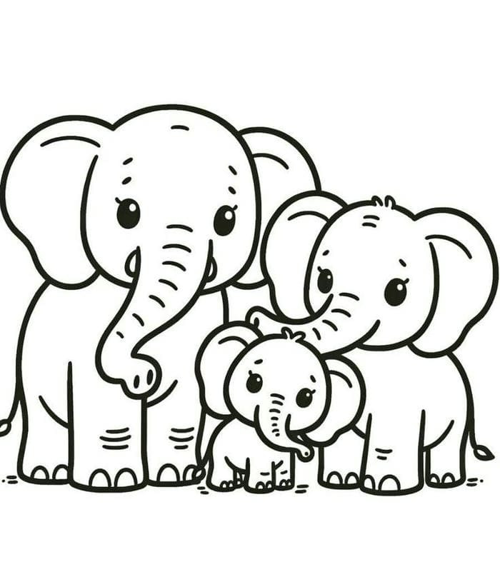 Tranh tô màu gia đình voi con hạnh phúc