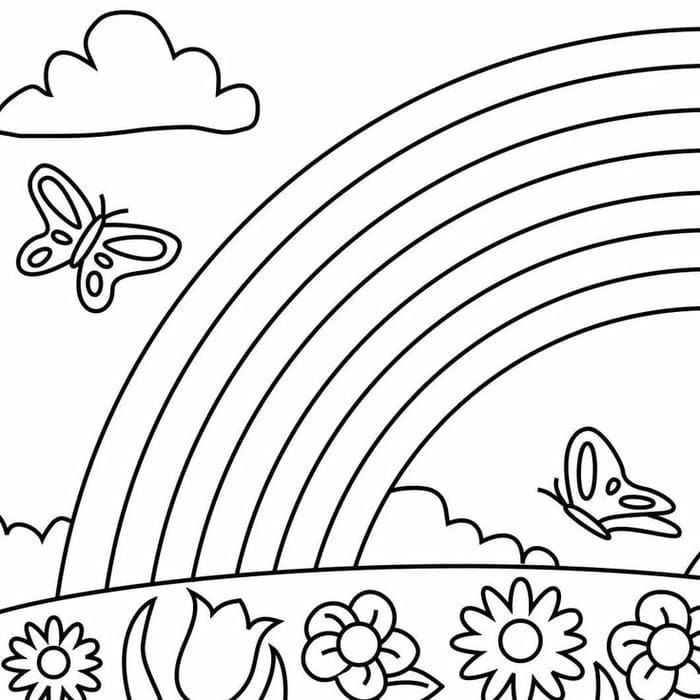 Tranh tô màu hình cầu vồng cùng hoa và bướm bay lượn
