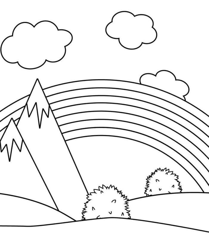 Tranh tô màu hình cầu vồng trên núi đơn giản