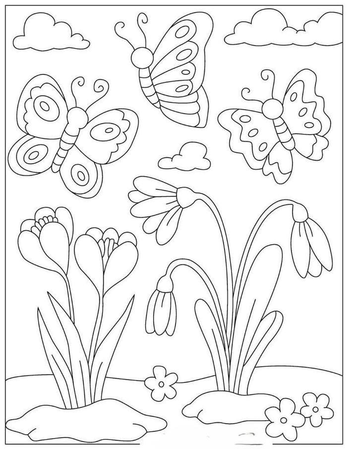 Tranh tô màu hình con bướm và hoa đơn giản cho bé