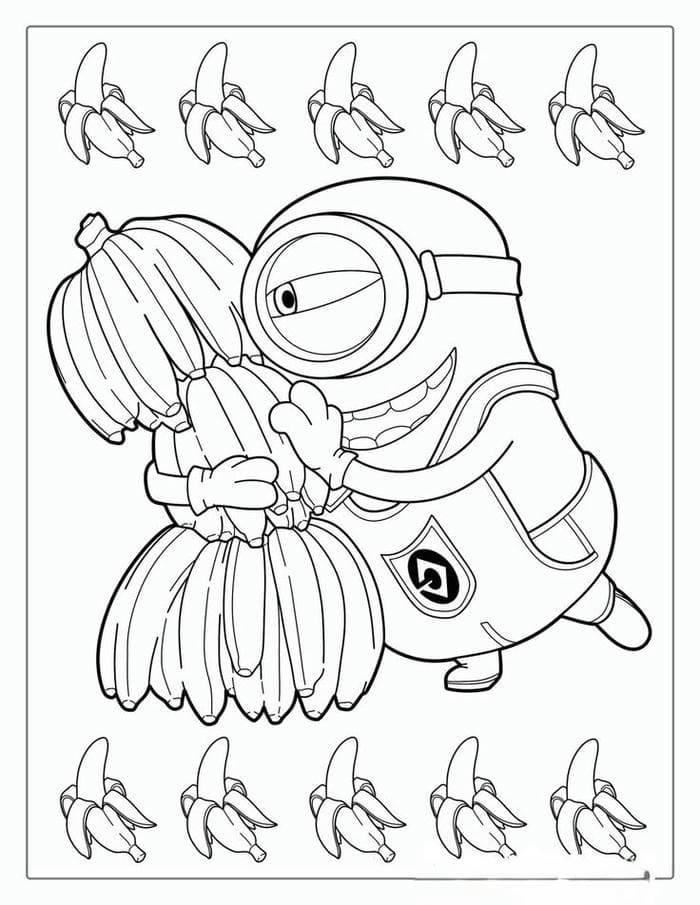 Tranh tô màu hình Minion đang ôm một quả chuối lớn rất đáng yêu