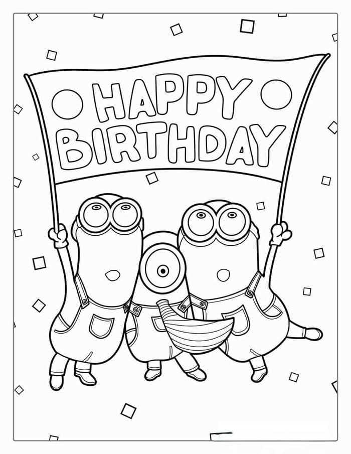 Tranh tô màu hình Minion đang tổ chức sinh nhật với bánh kem và mũ đội đầu
