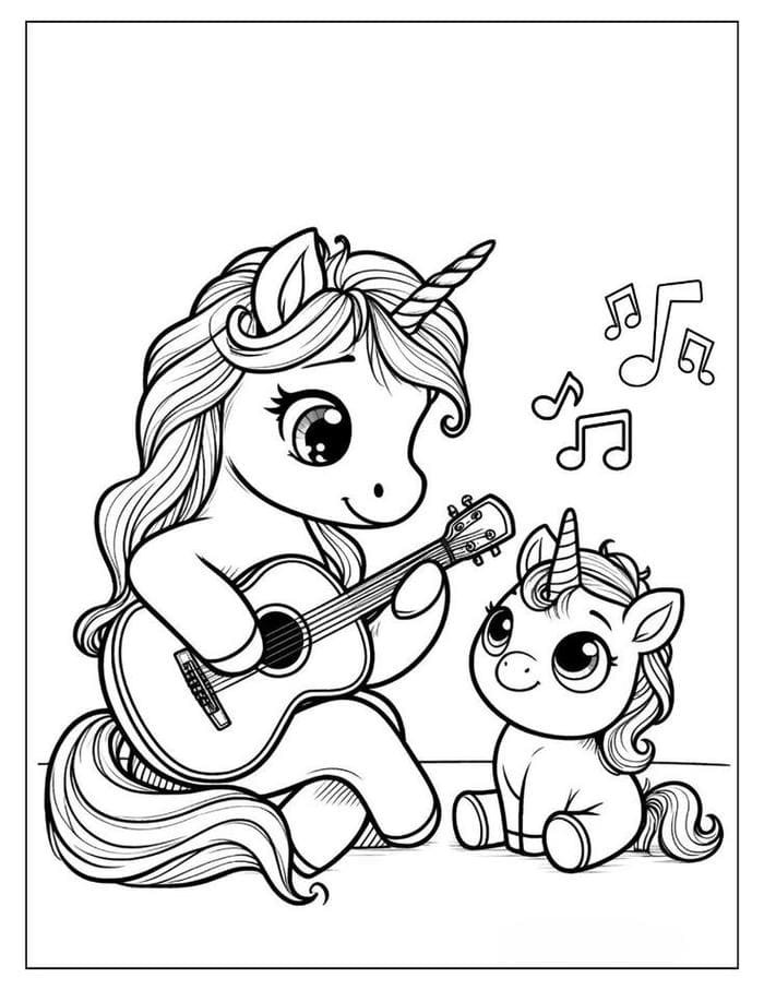 Tranh tô màu kỳ lân với bờm dài đang đánh đàn cello