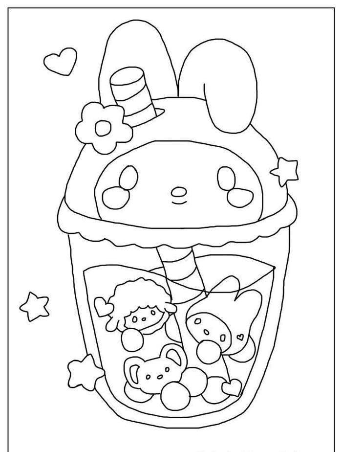 Tranh tô màu My Melody bên ly trà sữa dễ thương