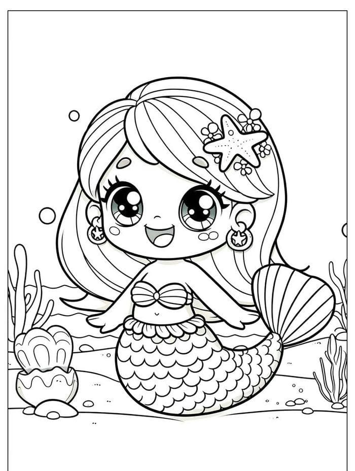 Tranh tô màu nàng tiên cá chibi đáng yêu