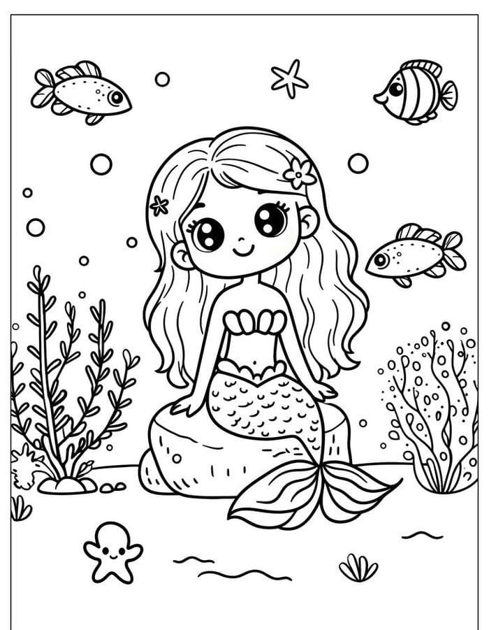 Tranh tô màu nàng tiên cá dễ thương mẫu 2