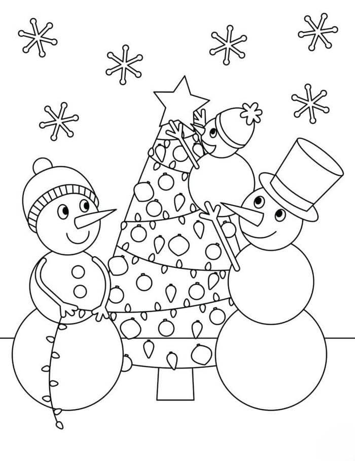 Tranh tô màu người tuyết và cây thông Noel