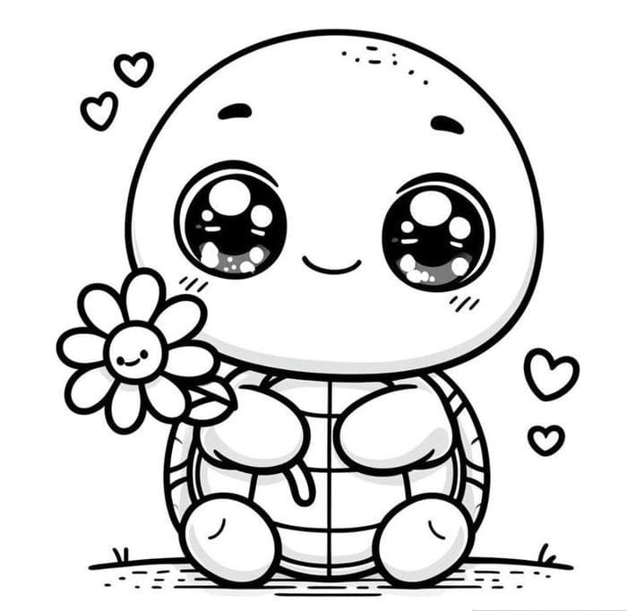 Tranh tô màu rùa con cầm bông hoa đáng yêu