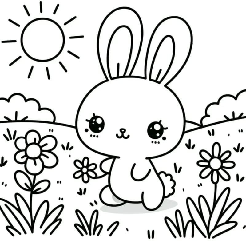 Tranh tô màu thỏ hoạt hình giữa cảnh rừng hoa đẹp mắt