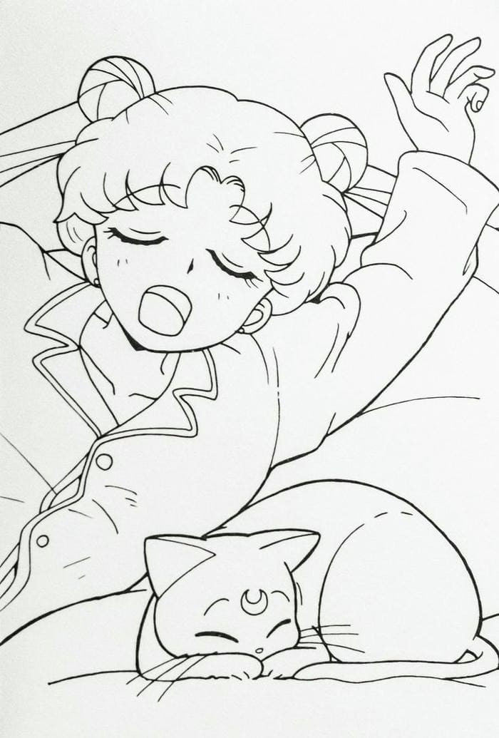 tranh tô màu thủy thủ mặt trăng Usagi và mèo Luna đáng yêu