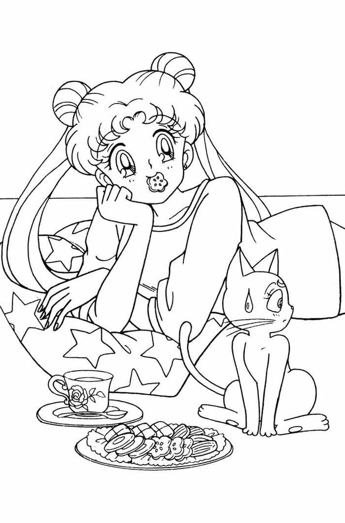 tranh tô màu thủy thủ mặt trăng Usagi và mèo Luna