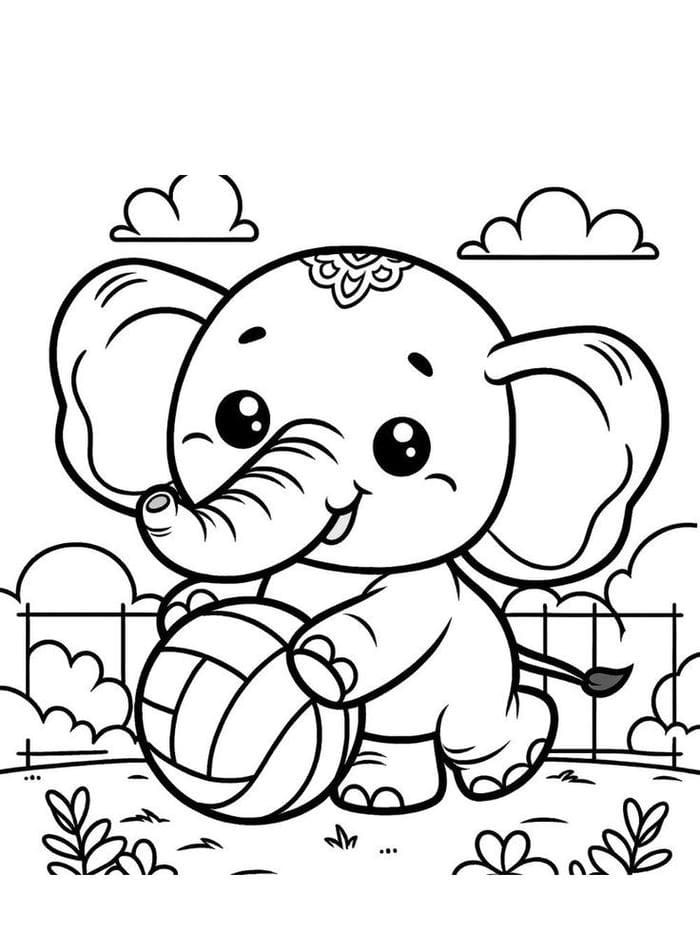 Tranh tô màu voi con chơi bóng đáng yêu
