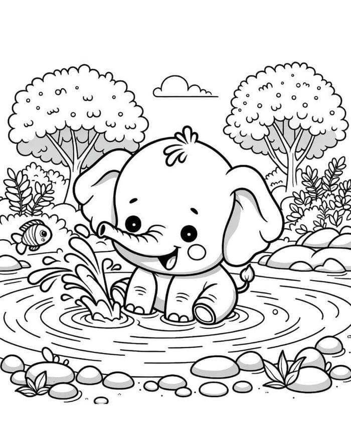 Tranh tô màu voi con tinh nghịch đang nghịch nước