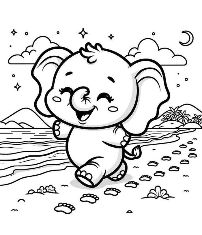 Tranh tô màu voi con với biểu cảm tươi cười vui vẻ