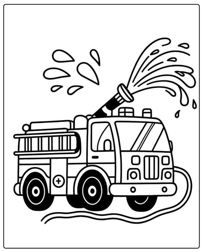 Tranh tô màu xe cứu hỏa đang phun nước dập lửa