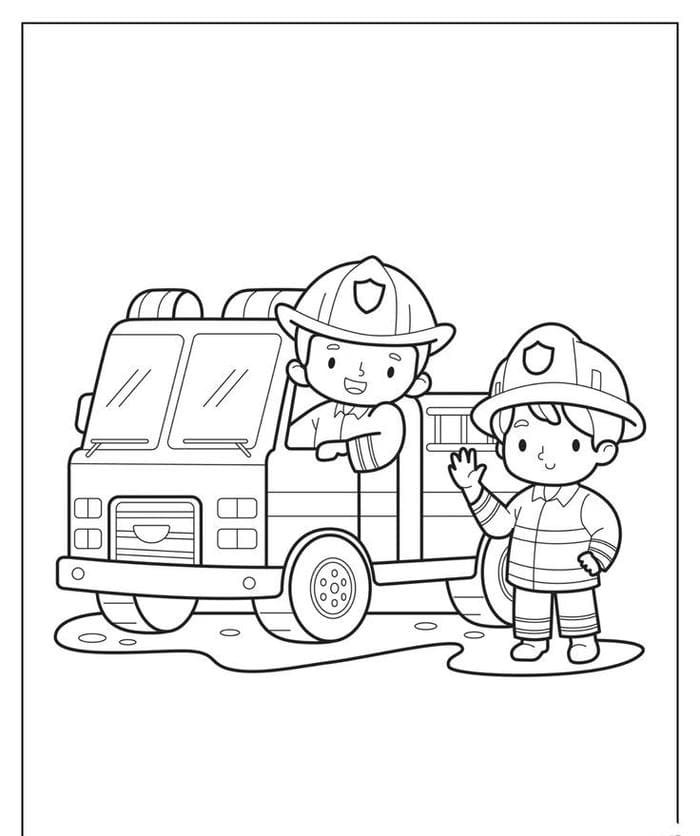 Tranh tô màu xe cứu hỏa và chú lính cứu hỏa dũng cảm