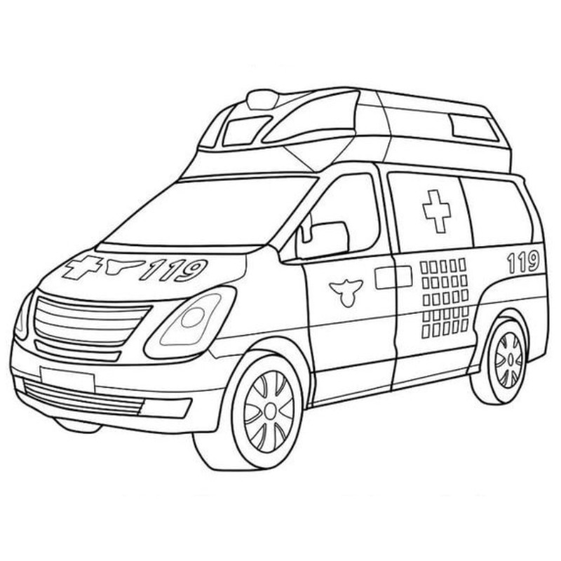 Tranh tô màu xe cứu thương chi tiết với đèn hiệu