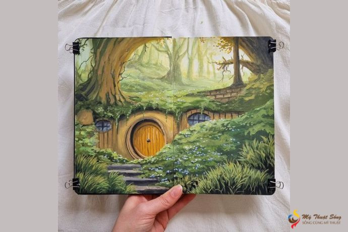 Tranh vẽ bằng màu gouache với phong cách minh họa, gợi nhớ đến hình ảnh trong phim hoạt hình