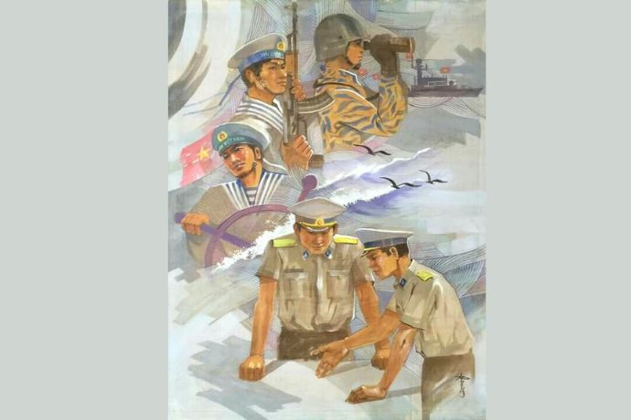 Tranh vẽ biển đảo cảnh sát biển Việt Nam đang làm nhiệm vụ trên tàu