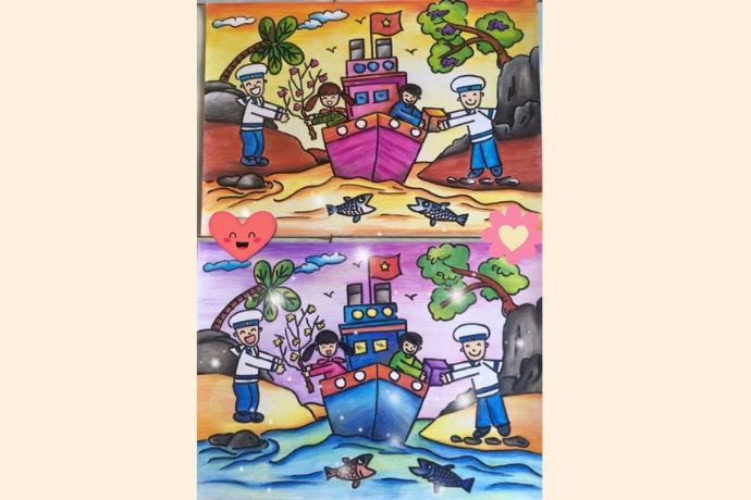 Tranh vẽ biển đảo chiến sĩ hải quân nhận quà Tết từ các em nhỏ trên tàu