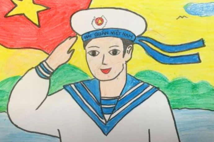 Tranh vẽ biển đảo đơn giản nhất với hình ảnh lính hải quân chào cờ Tổ quốc