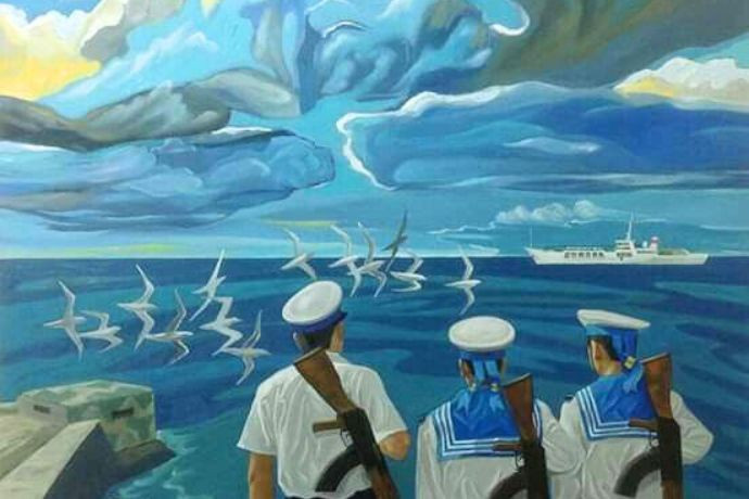 Tranh vẽ biển đảo với hình ảnh ba lính hải quân canh gác hướng về phía tàu lớn