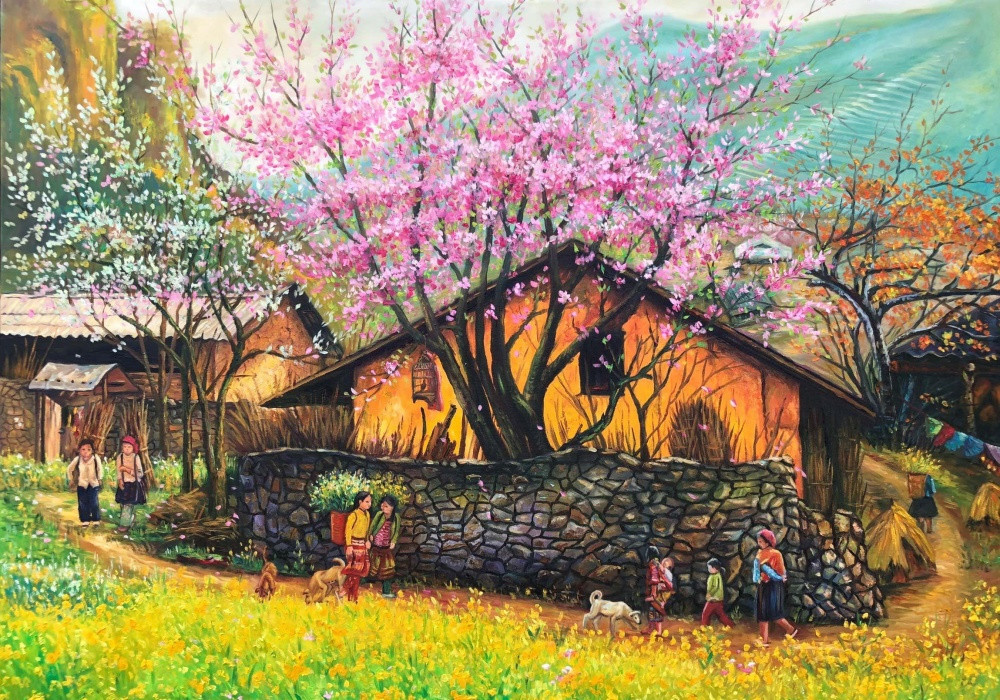 Tranh vẽ cảnh mùa xuân ở bản làng với hoa nở rộ