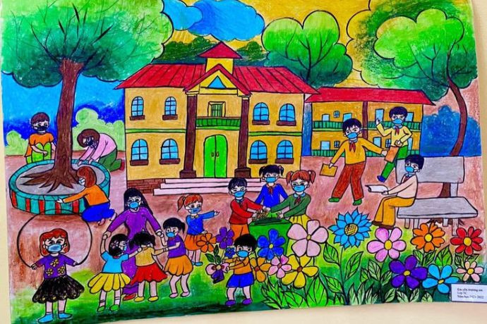 Tranh vẽ cảnh trường học giờ ra chơi
