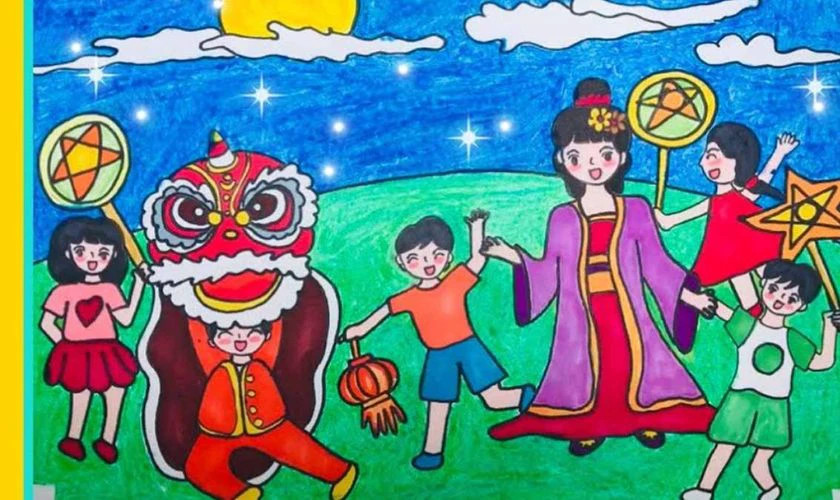 Tranh vẽ chị Hằng vui đùa cùng các em nhỏ cầm đèn lồng đêm Trung Thu