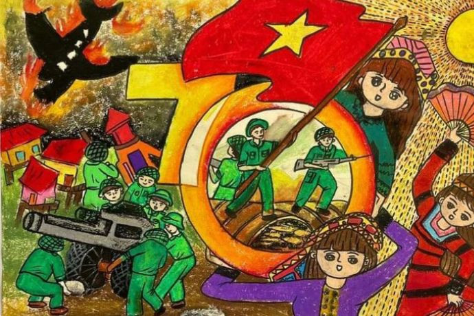 Tranh vẽ chú bộ đội trên công sự