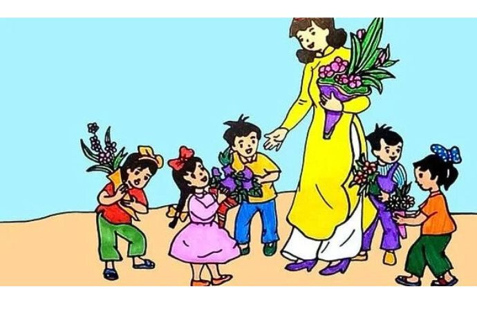 Tranh vẽ cô giáo đang giảng bài say sưa trên bục giảng