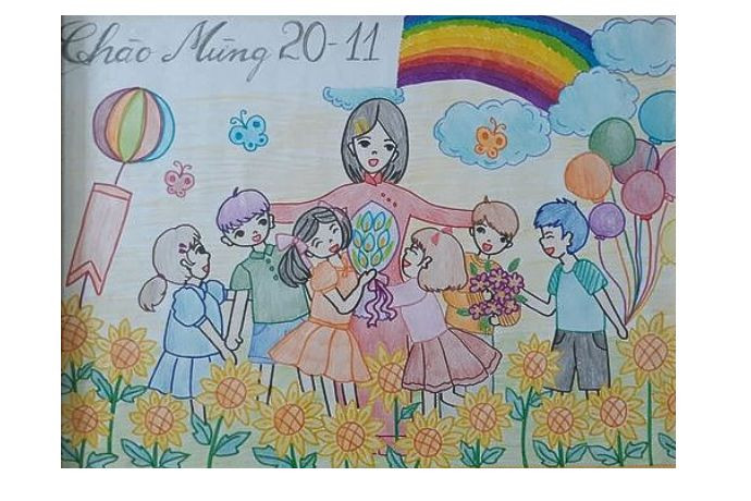 Tranh vẽ cô giáo dạy học trò bài học về tình yêu thương và đạo đức