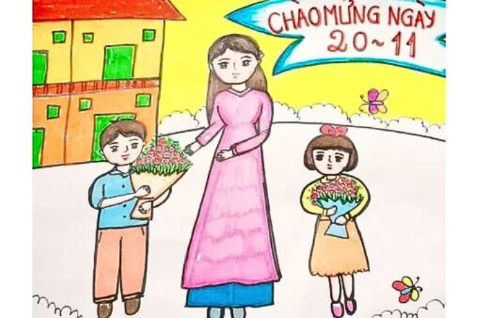 Tranh vẽ cô giáo dịu dàng nhận hoa từ học trò nhỏ